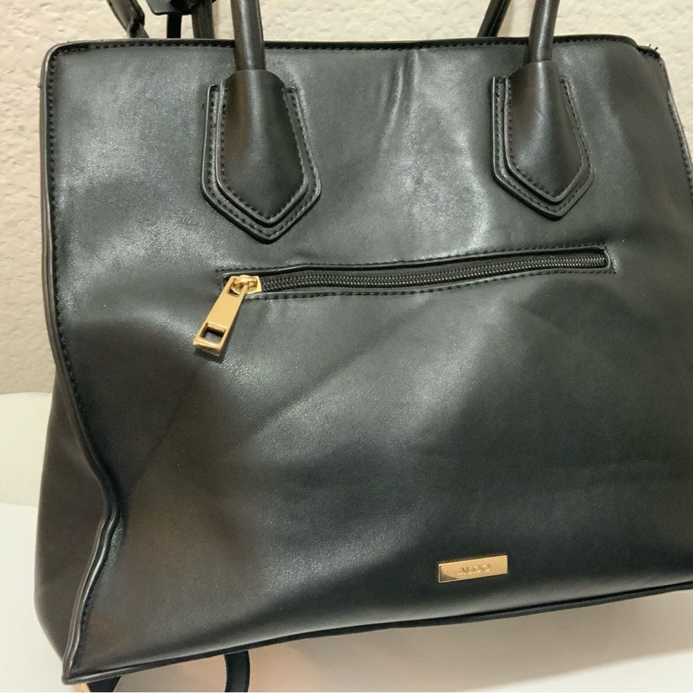 Aldo Womens Satchel Handbag Black Pockets Dual Handle Chain Zipper Faux Leather - Picture 4 of 16